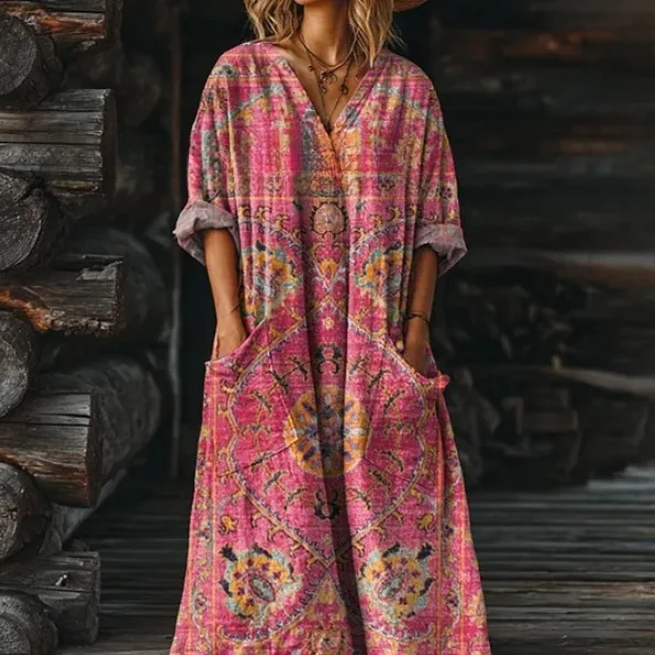 Women's Vintage Floral Art Pattern Print Pocket V neck Pocket Dress 2 Models - Shop at LoveMi