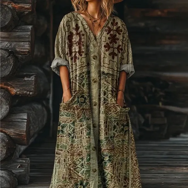 Women's Vintage Floral Art Pattern Print Pocket V neck Pocket Dress 3 Models - Shop at LoveMi