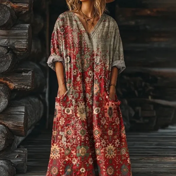 Women's Vintage Floral Art Pattern Print Pocket V neck Pocket Dress 10 Models - Shop at LoveMi