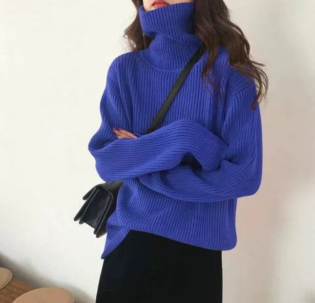 Thickening Idle Style Pullover Solid Color Turtleneck Sweater - Blue