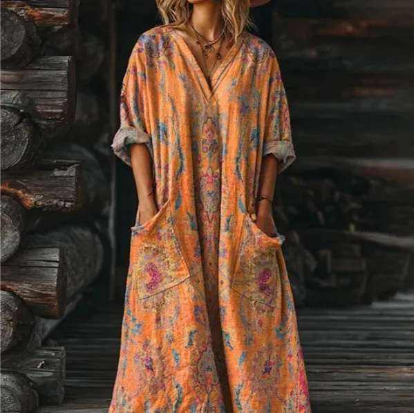 Women's Vintage Floral Art Pattern Print Pocket V neck Pocket Dress 1 Style - Shop at LoveMi