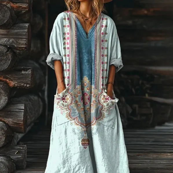 Women's Vintage Floral Art Pattern Print Pocket V neck Pocket Dress 4 Models - Shop at LoveMi