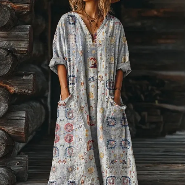 Women's Vintage Floral Art Pattern Print Pocket V neck Pocket Dress 9 Models - Shop at LoveMi