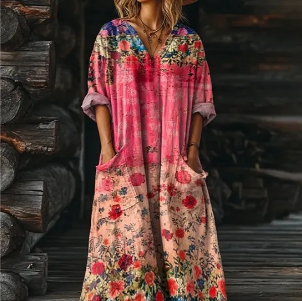 Women's Vintage Floral Art Pattern Print Pocket V neck Pocket Dress 6 Models - Shop at LoveMi