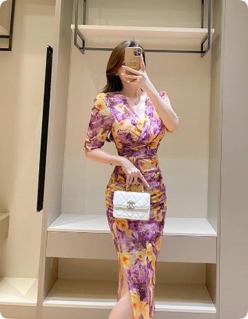 Oil Painting Rose Print Dress Summer Light Mature Style Mesh