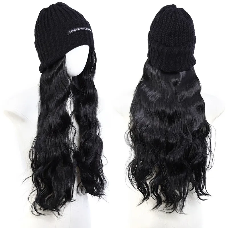 Hat Letter Knitted Hat Long One-piece Chemical Fiber Synthetic Highlight Wig - At852 1B