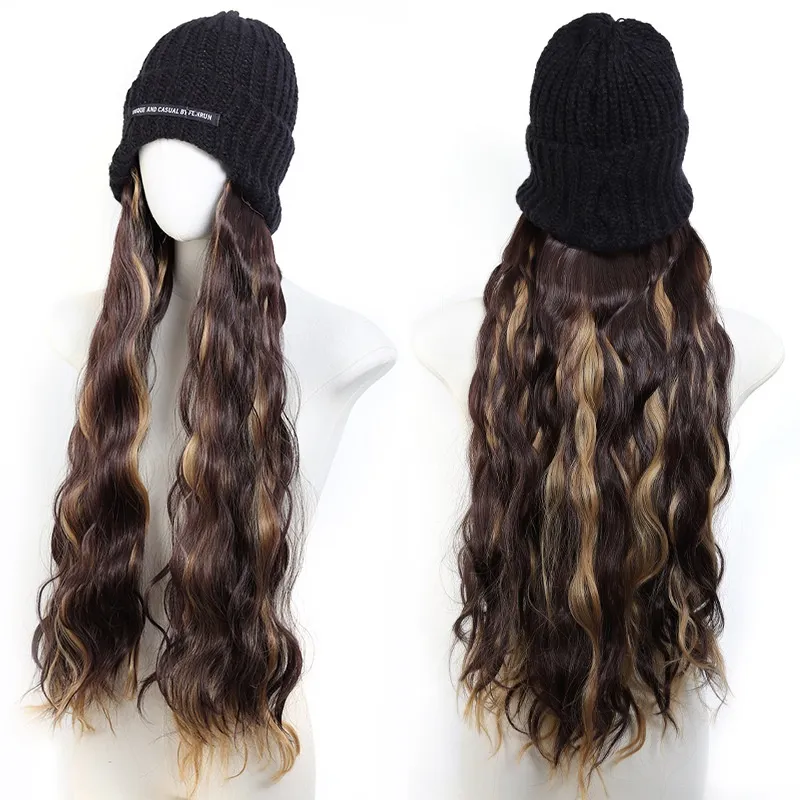 Hat Letter Knitted Hat Long One-piece Chemical Fiber Synthetic Highlight Wig - At852 4H27