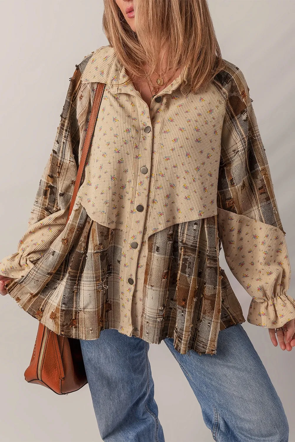 Women's Distressed Detail Ruffle Sleeve Plaid Shirt - Oatmeal Color