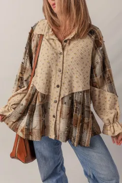 Women's Distressed Detail Ruffle Sleeve Plaid Shirt - Oatmeal Colour - View 1