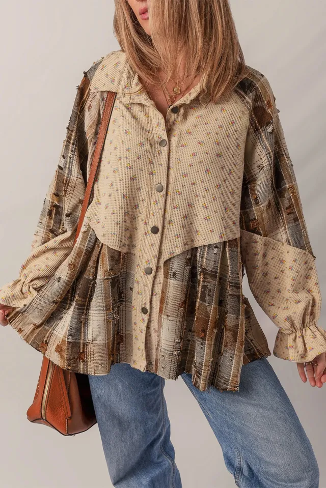 Women's Distressed Detail Ruffle Sleeve Plaid Shirt Oatmeal Color - Shop at LoveMi