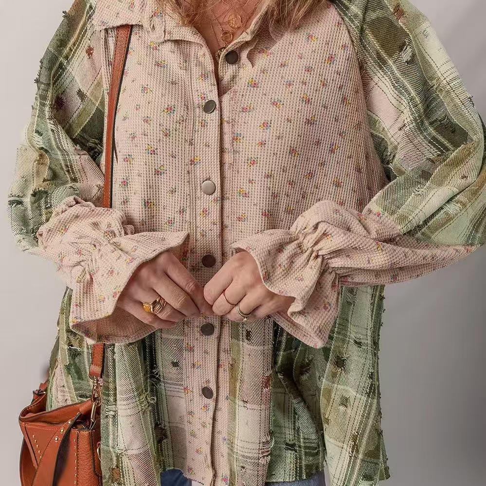 Women's Distressed Detail Ruffle Sleeve Plaid Shirt
