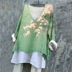 Women's Bright Green Sakura Cherry Blossom Pattern Print Flowy Tunic - Green - View 1