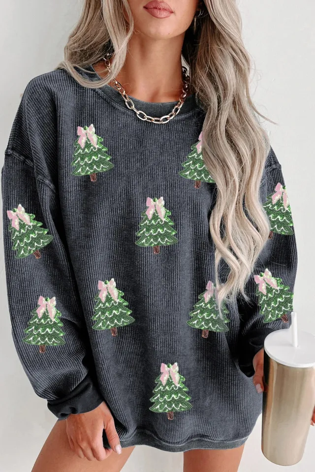 Women's Sequin Christmas Tree Ribbed Sweater, Gray - Shop at LoveMi