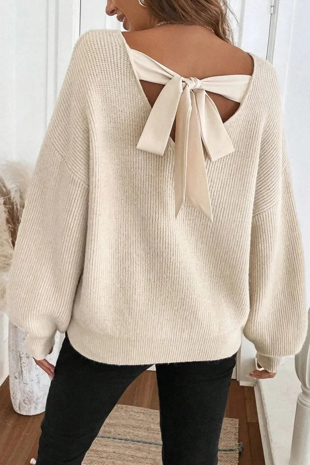 Women's Knitted Backless Bow Drop shoulder Sweater Beige - Shop at LoveMi