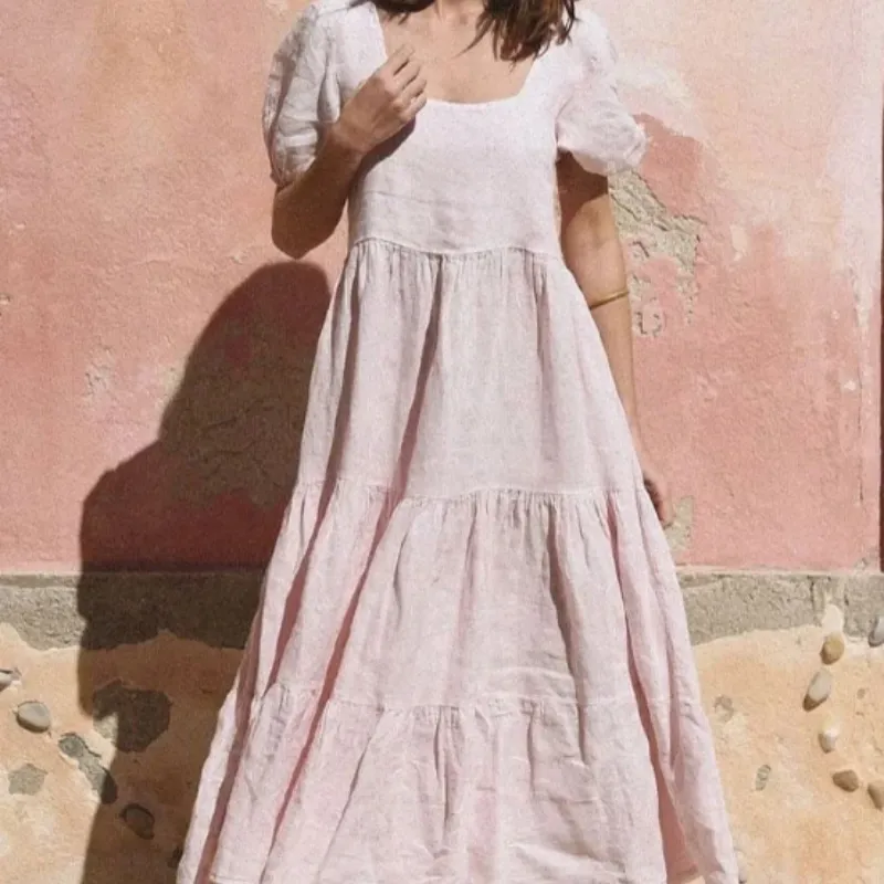 Women's Casual Pink Square Neck Short Sleeve Splicing Maxi Dress - Pink
