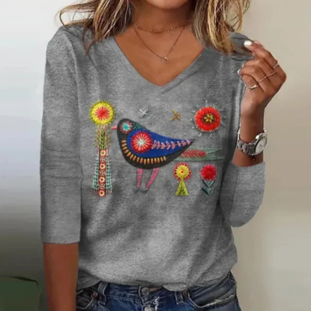 Women's Floral And Bird Embroidered V neck T shirt Grey - Shop at LoveMi