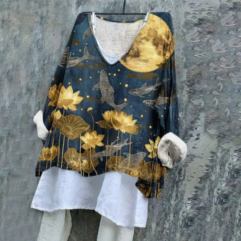 Women's Lotus & Fish With Full Moon Pattern Print Flowy Tunic - Blue