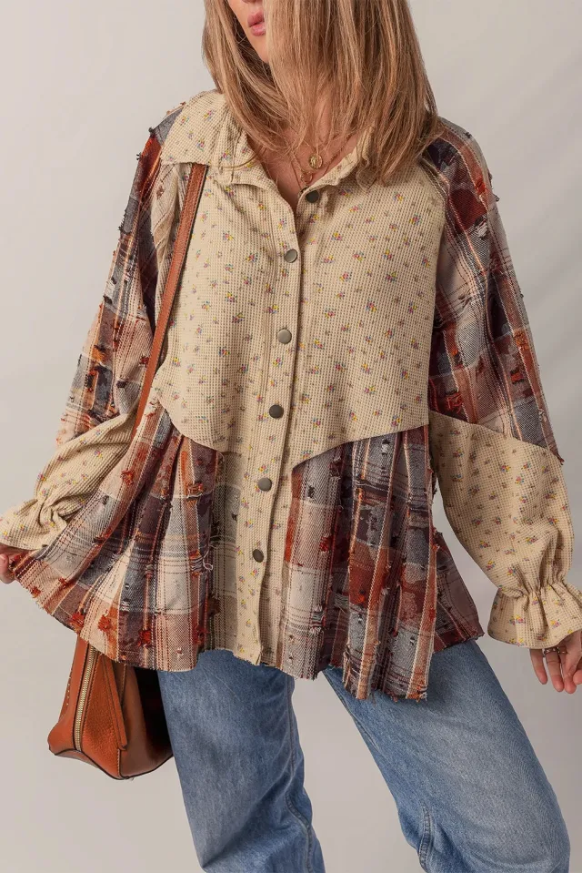 Women's Distressed Detail Ruffle Sleeve Plaid Shirt Ashley Blue - Shop at LoveMi