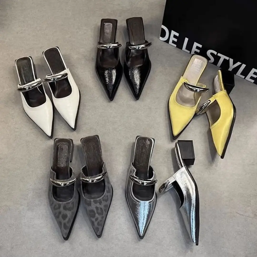 New Spring And Summer Metal Buckle French Style Slip-on Closed Toe Half Slippers For Women