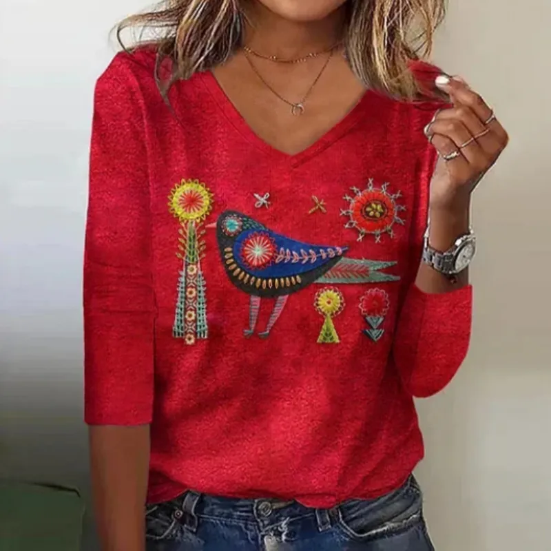 Women's Floral And Bird Embroidered V-neck T-shirt - Red