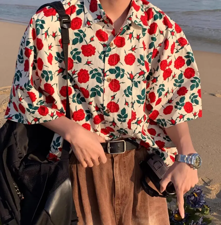 Summer Port Style Retro Rose-printed Short-sleeved Shirt