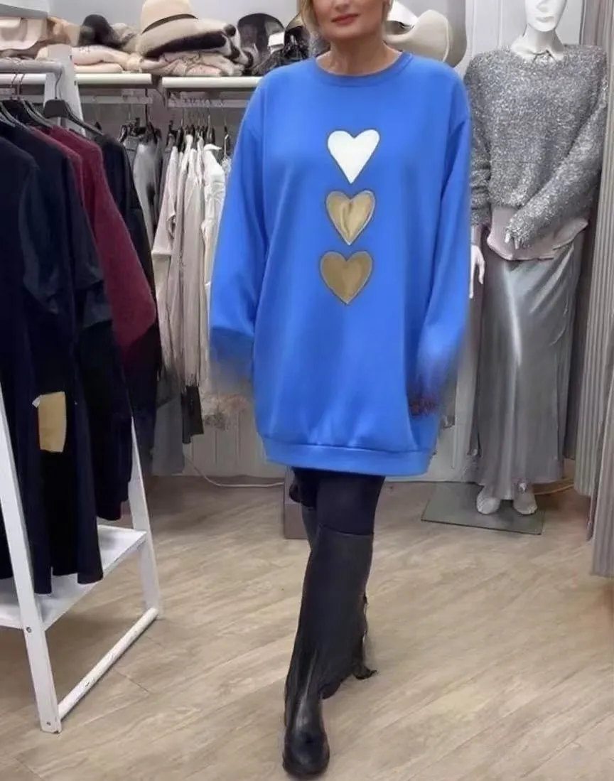 Fashionable All-match Round Neck Long Sleeve Casual Love Sweater - Blue