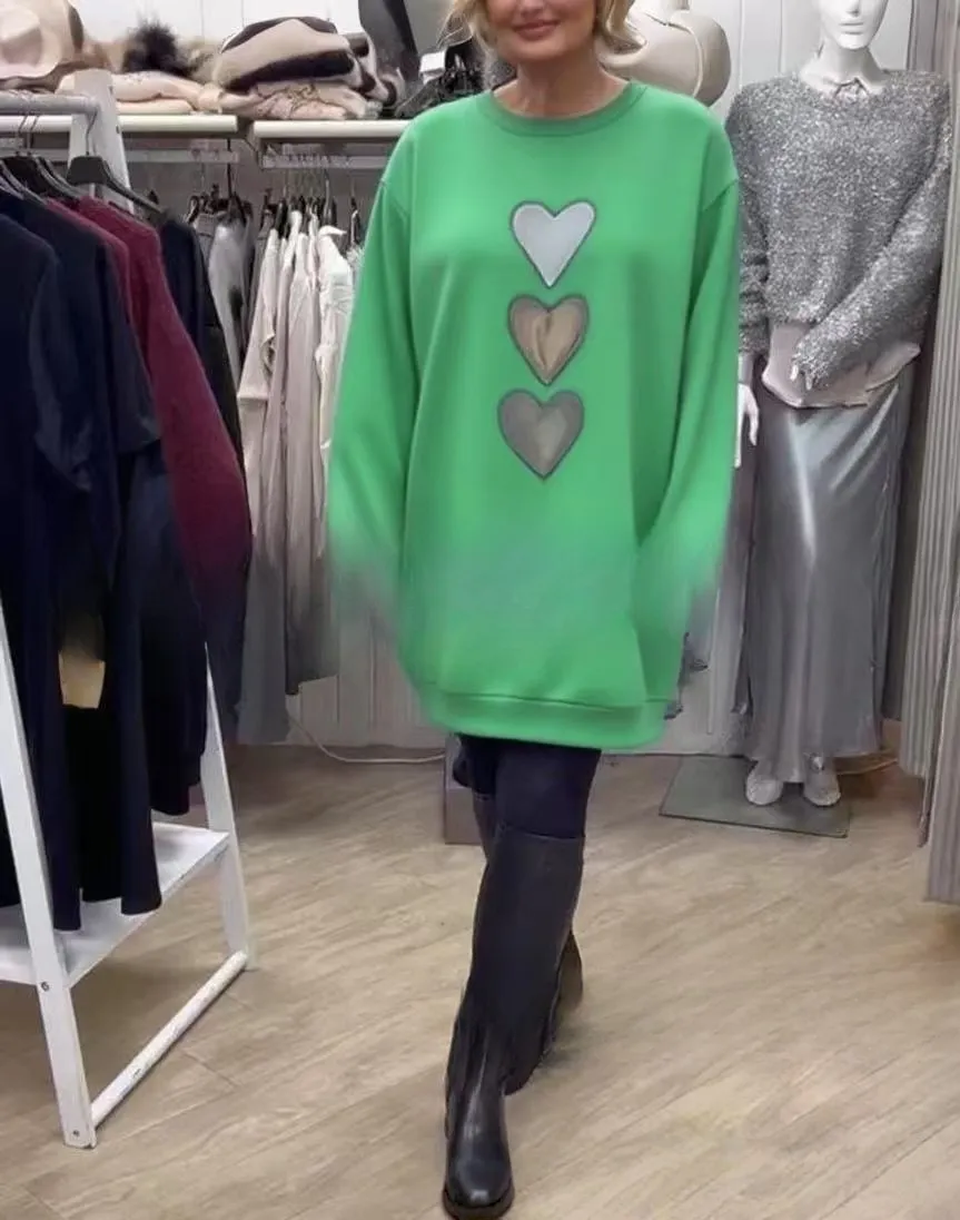 Fashionable All-match Round Neck Long Sleeve Casual Love Sweater - Green