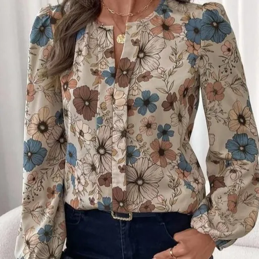 Women's Floral Print Notched Collar Shirt Elegant Multicolor - Shop at LoveMi