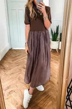 Fashion Short Sleeve Knitted Patchwork Dress For Women - Coffee - View 1