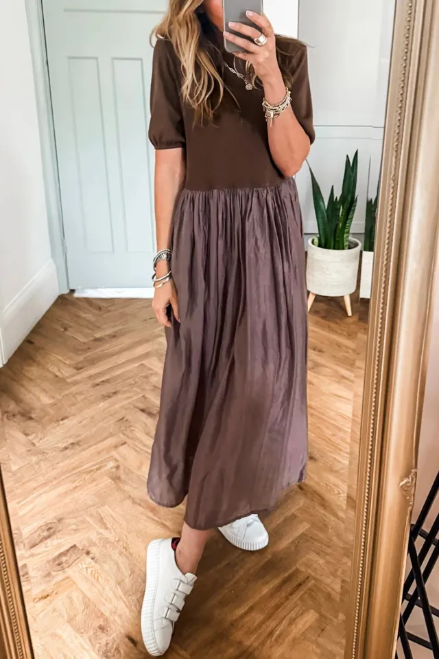 Fashion Short Sleeve Knitted Patchwork Dress For Women Coffee - Shop at LoveMi
