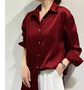 Women's High grade Green Satin Shirt Wine Red - Shop at LoveMi