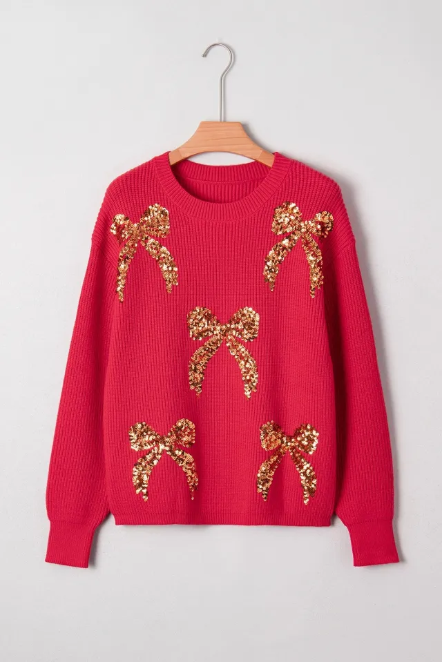 Women's Christmas Decorative Sequins Round Neck Sweater Fiery Red - Shop at LoveMi