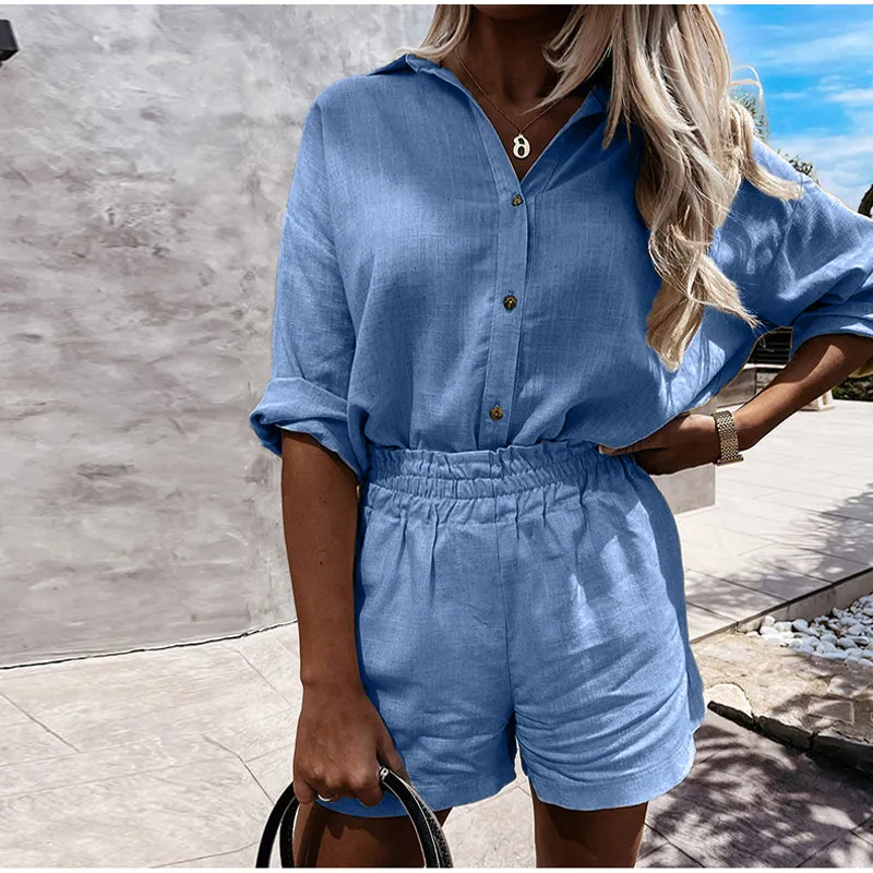 Women's Linen Shorts Suit Lapel Shirt - Blue