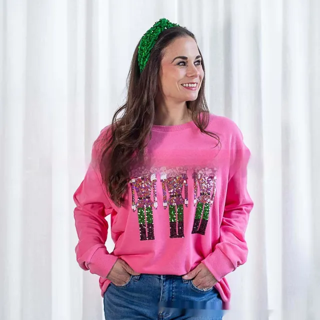 Women's Christmas Sequins Loose fitting Casual Sweatshirt Round Neck Long Sleeve Pink - Shop at LoveMi