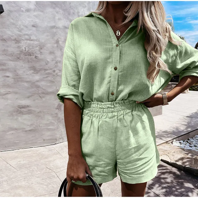 Women's Linen Shorts Suit Lapel Shirt Green - Shop at LoveMi