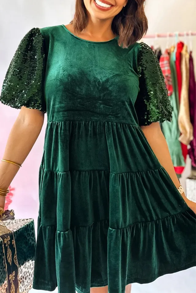 Sequined Puff Sleeve High Waist Dress For Women Green - Shop at LoveMi