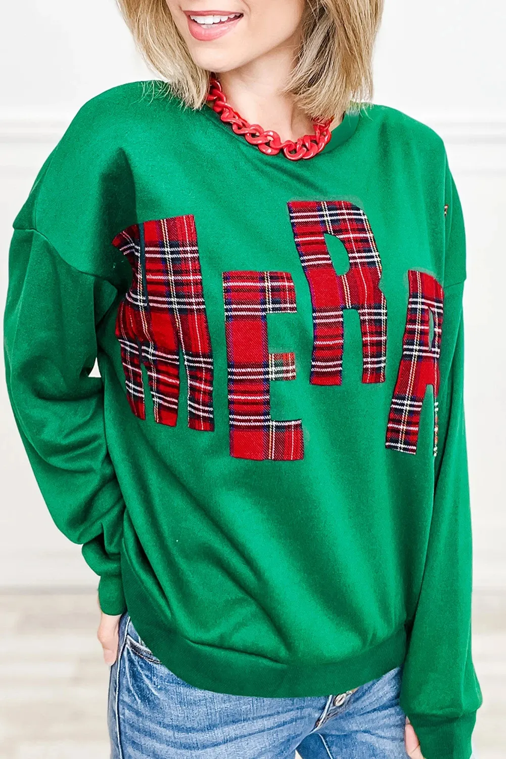 Fashionable Embroidered Side Plaid Pullover Sweater For Women - Green - View 1