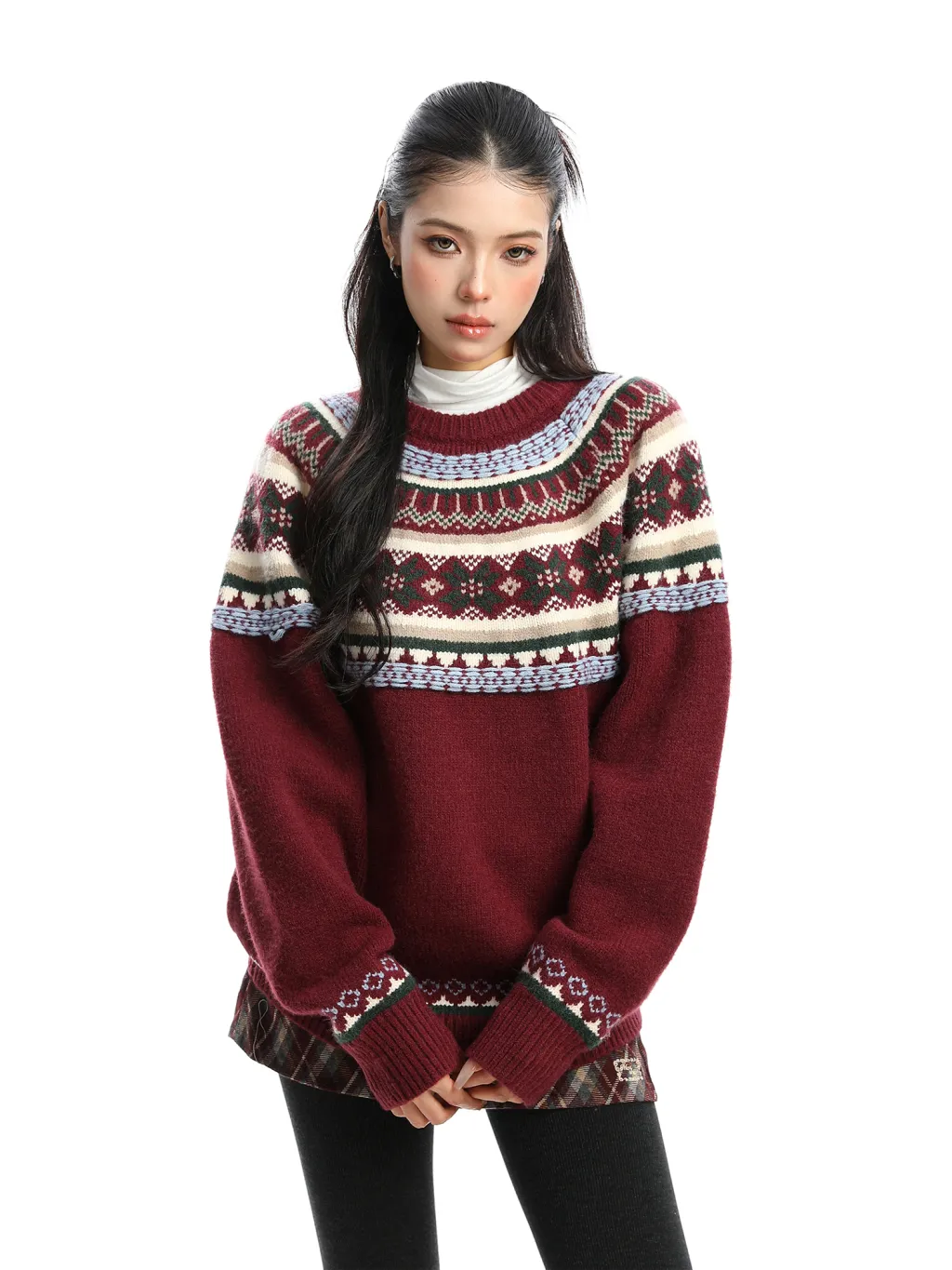 Women's Round Neck Sweater Thickening Warm And Loose - Wine Red