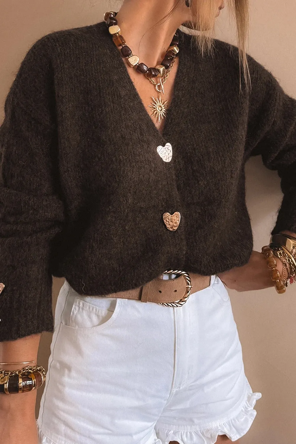 Loose Metal Buckle Sweater Cardigan Coat Women - Coffee