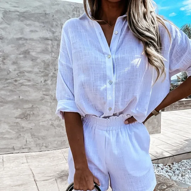 Women's Linen Shorts Suit Lapel Shirt White - Shop at LoveMi