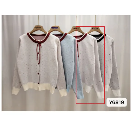 Women's Polka Dot Jacquard Lace-up Single-breasted Knitted Sweater - White