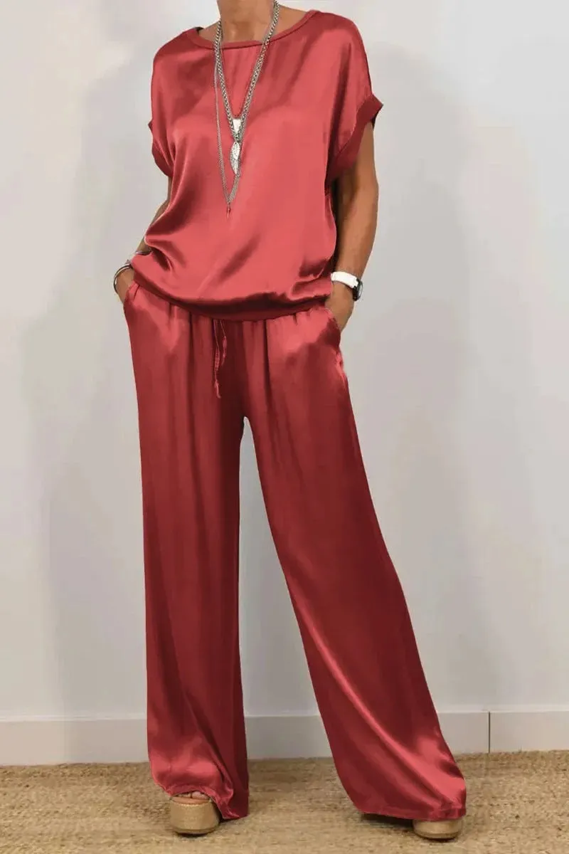 Loose Shirt Wide Leg Pants Casual Suit - Red