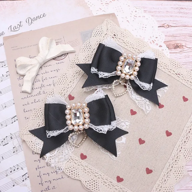 Sweet Cute Mass produced Headdress Lace Bow Rhinestone Black And White - Shop at LoveMi