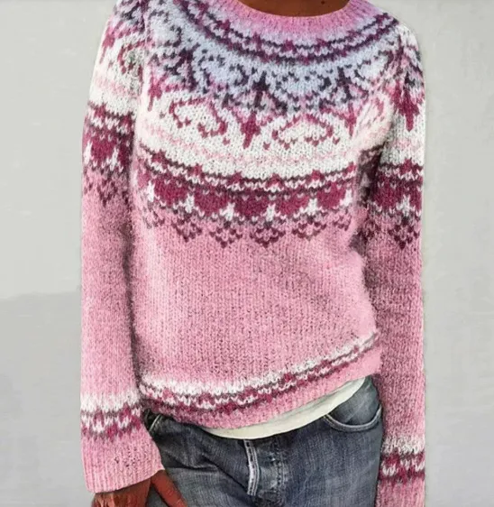 Printed Round Neck Sweater Thick Needle Fabric Red - Shop at LoveMi