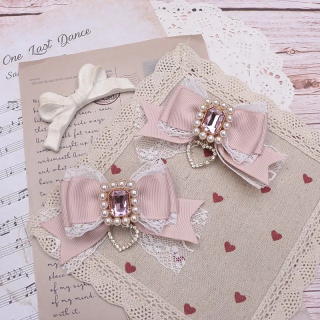 Sweet Cute Mass produced Headdress Lace Bow Rhinestone Flesh Pink - Shop at LoveMi