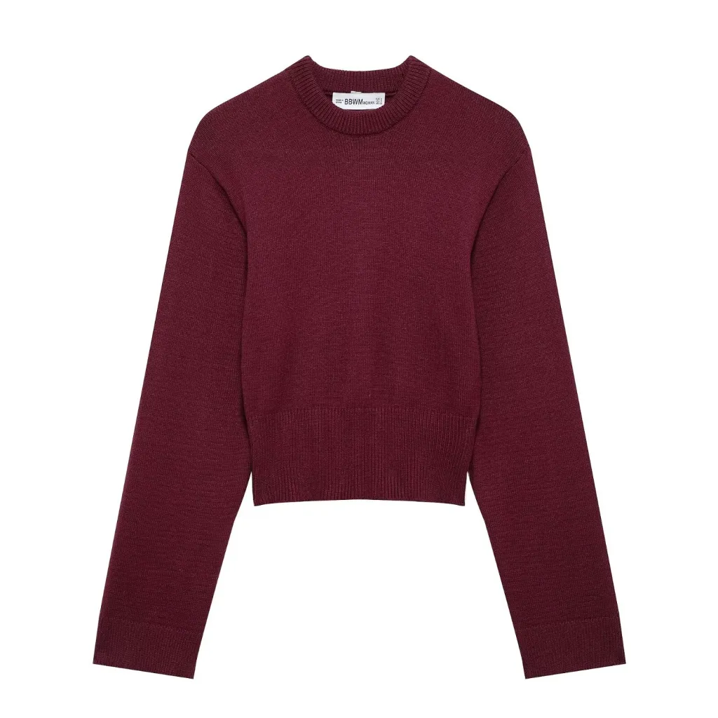 Women's Ribbed Wide Sleeve Round Neck Long Sleeve Sweater - Red