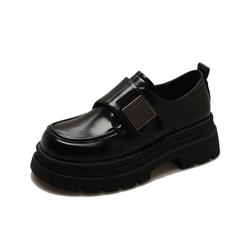 Women's Black Chunky Heel Leather Shoes British Style - Black