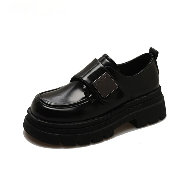 Women's Black Chunky Heel Leather Shoes British Style Black - Shop at LoveMi