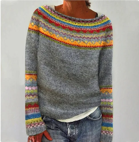 Women's Fashion Round Neck Multicolor Loose Leisure Pullover Knitwear Sweater Yellow - Shop at LoveMi