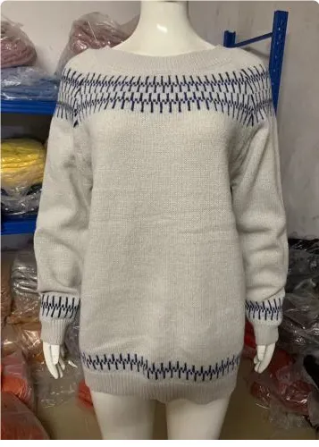 Women's Fashion Round Neck Multicolor Loose Leisure Pullover Knitwear Sweater Gray And Blue - Shop at LoveMi